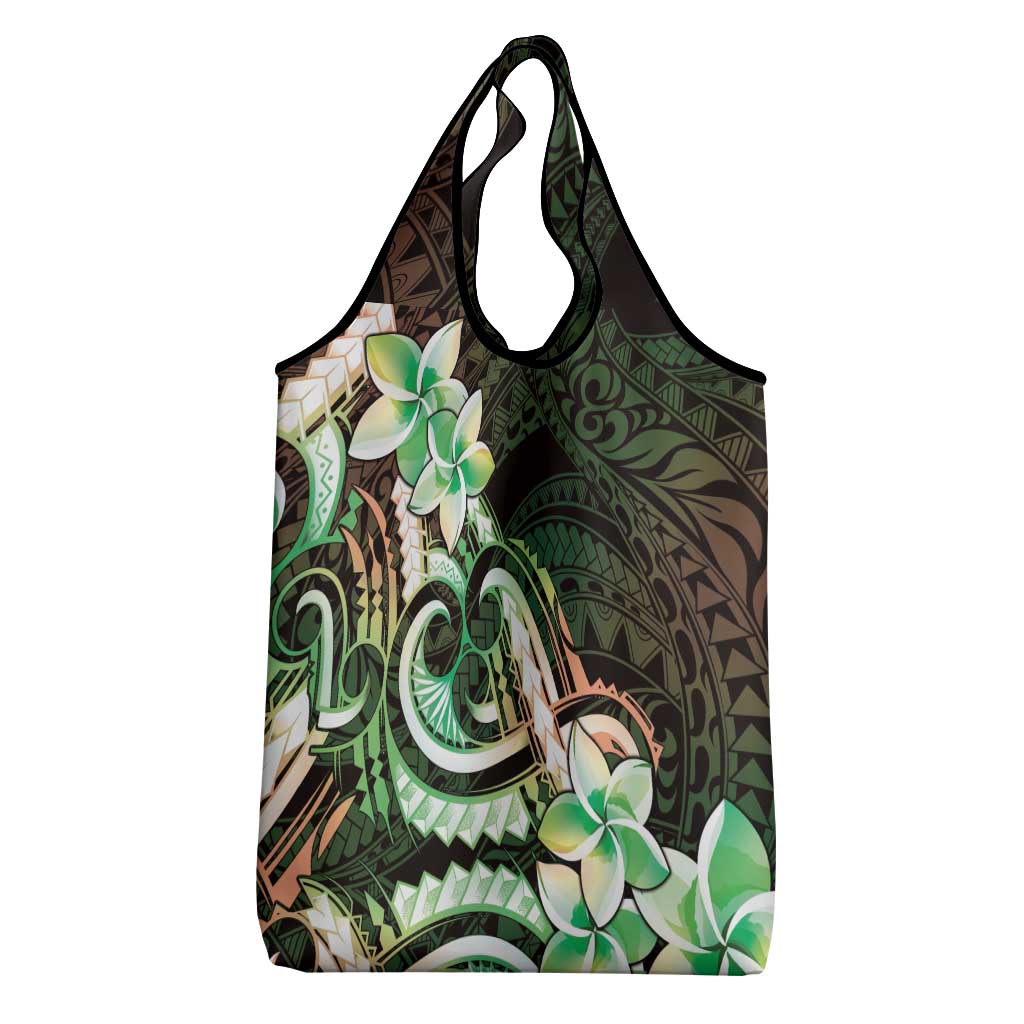 Polynesian Art Tattoo Grocery Bag Plumeria Flowers Green Gradient
