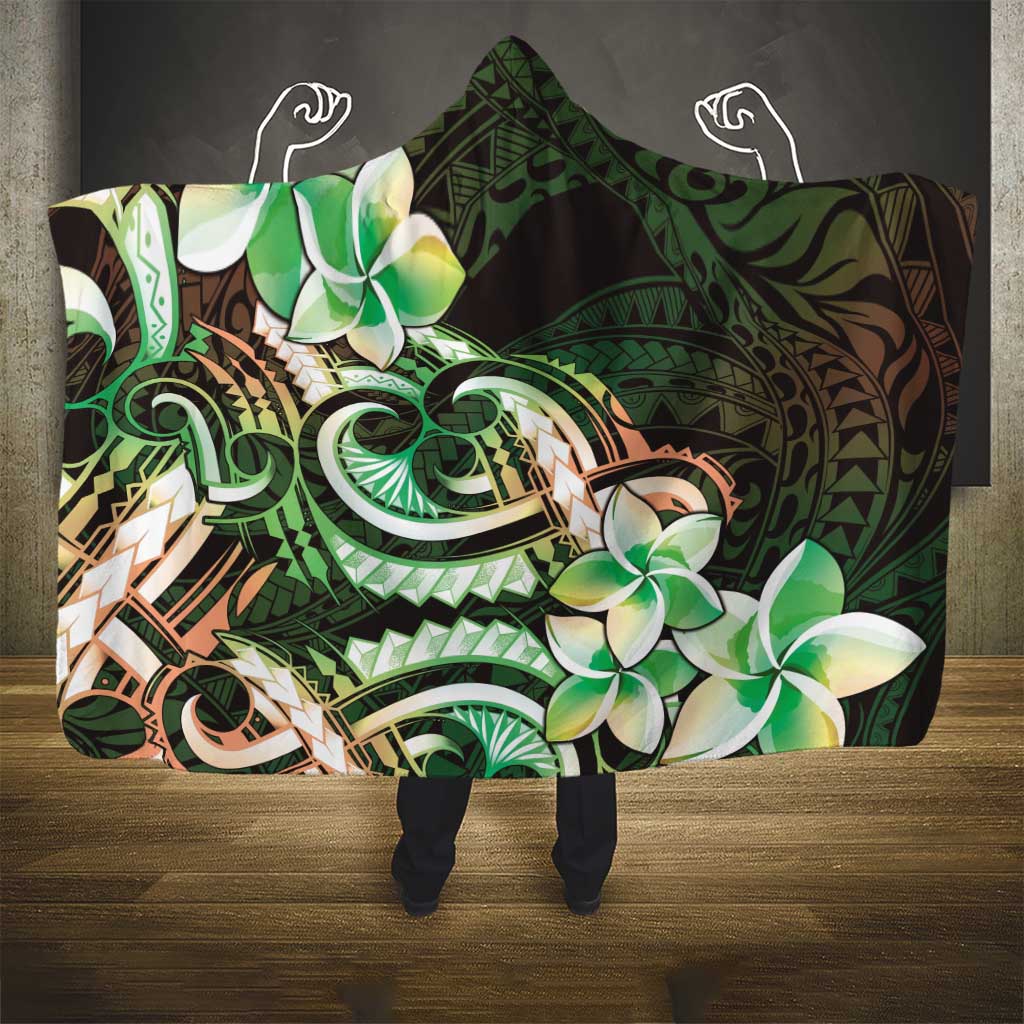 Polynesian Art Tattoo Hooded Blanket Plumeria Flowers Green Gradient LT05 - Polynesian Pride