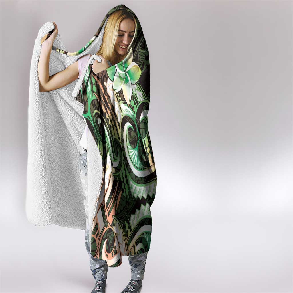 Polynesian Art Tattoo Hooded Blanket Plumeria Flowers Green Gradient LT05 - Polynesian Pride