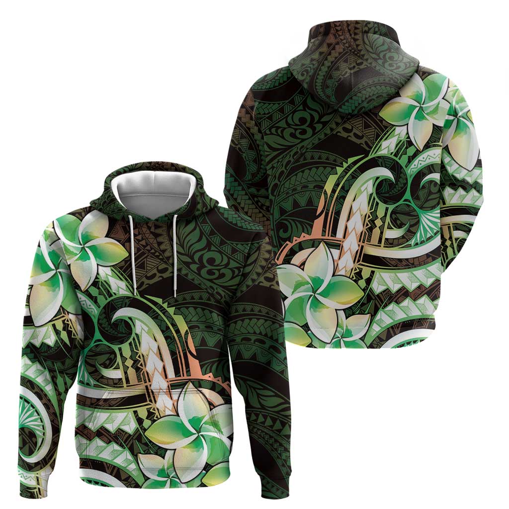 Polynesian Art Tattoo Hoodie Plumeria Flowers Green Gradient