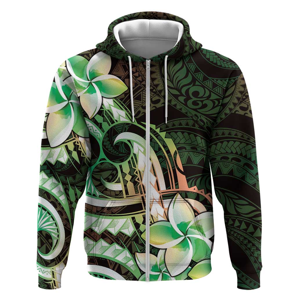 Polynesian Art Tattoo Hoodie Plumeria Flowers Green Gradient