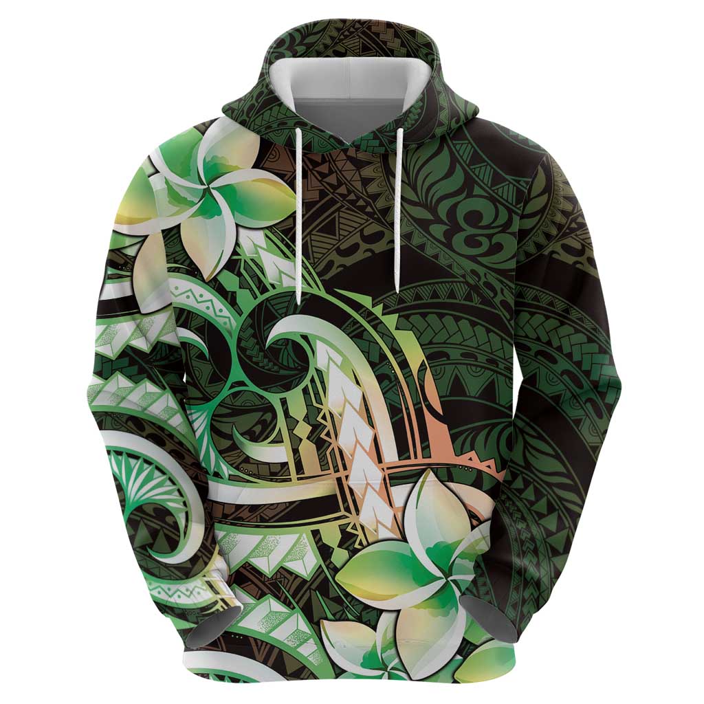 Polynesian Art Tattoo Hoodie Plumeria Flowers Green Gradient