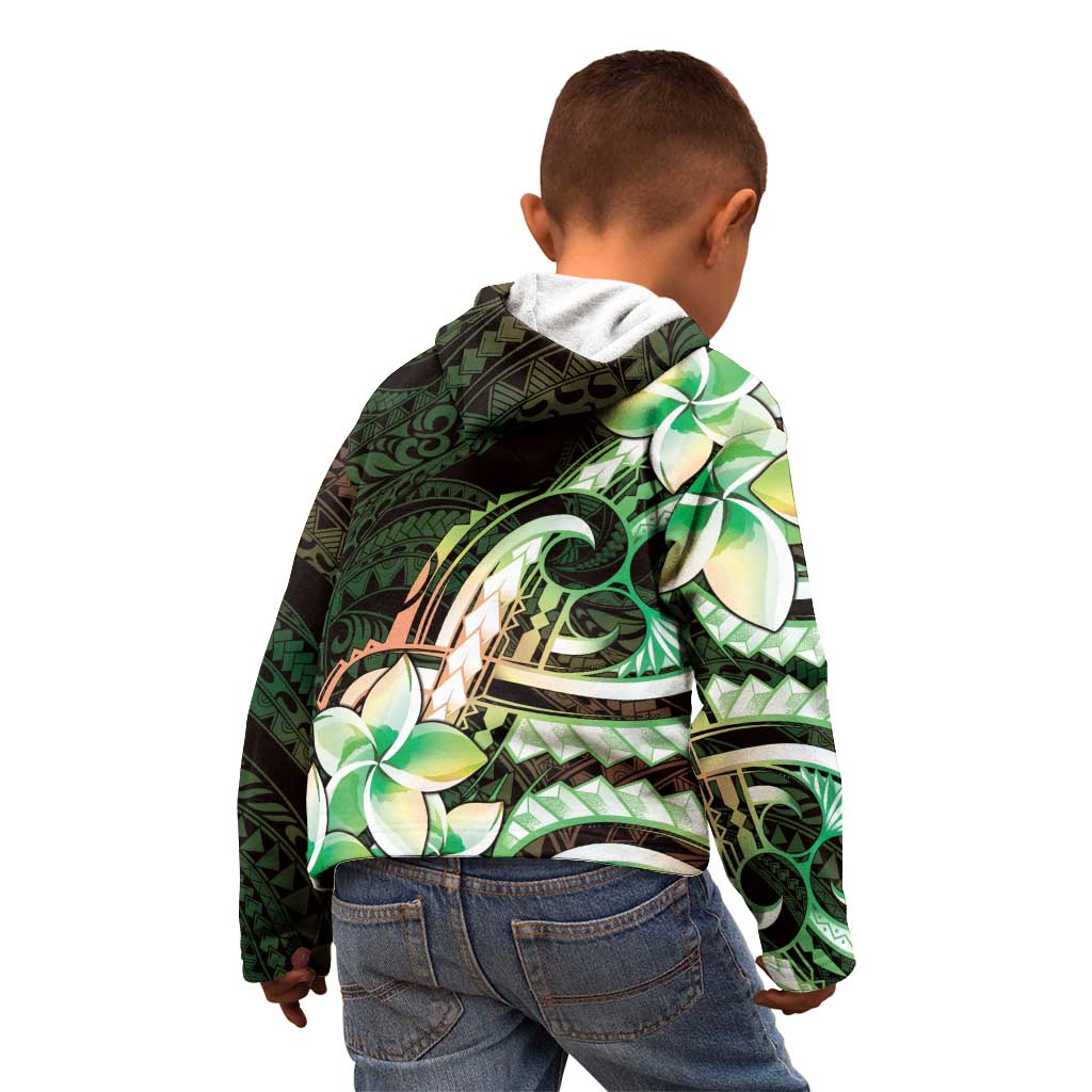 Polynesian Art Tattoo Kid Hoodie Plumeria Flowers Green Gradient