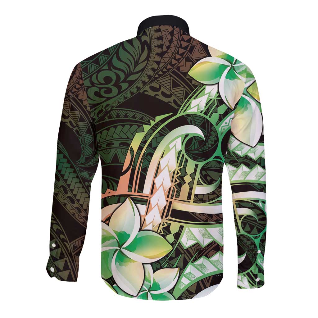 Polynesian Art Tattoo Long Sleeve Button Shirt Plumeria Flowers Green Gradient LT05 - Polynesian Pride
