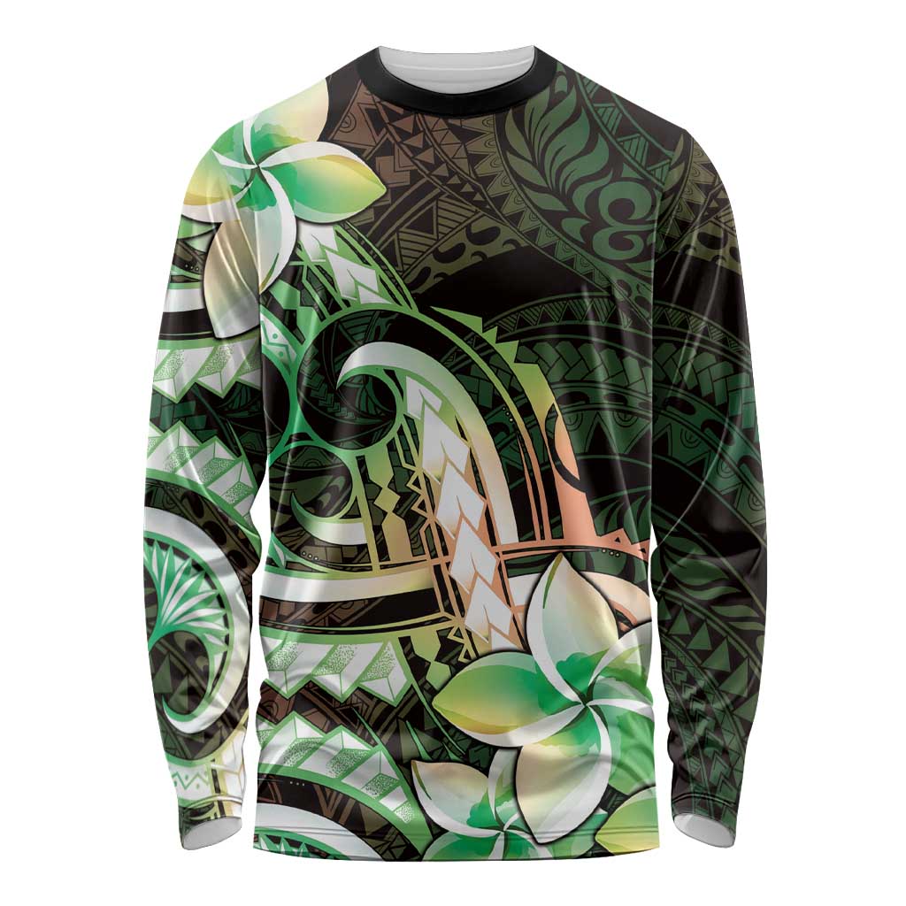 Polynesian Art Tattoo Long Sleeve Shirt Plumeria Flowers Green Gradient LT05 Unisex Green - Polynesian Pride