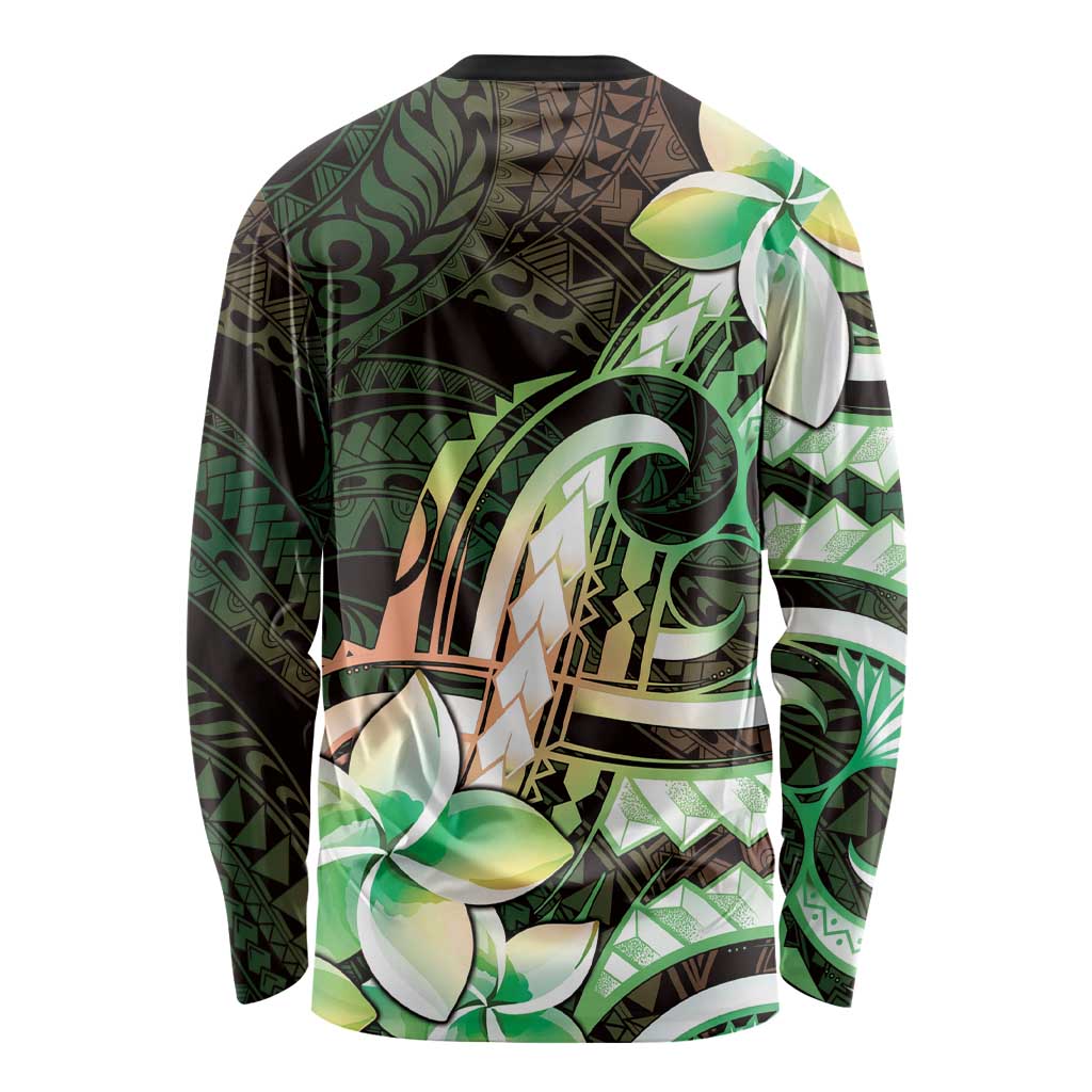 Polynesian Art Tattoo Long Sleeve Shirt Plumeria Flowers Green Gradient LT05 - Polynesian Pride