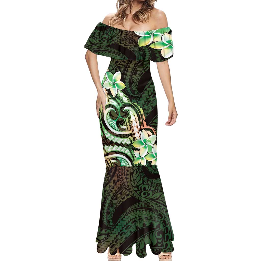 Polynesian Art Tattoo Mermaid Dress Plumeria Flowers Green Gradient