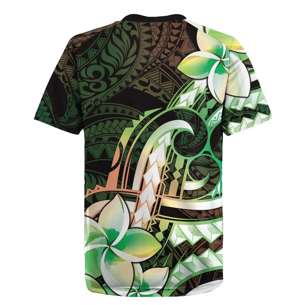Polynesian Art Tattoo Rugby Jersey Plumeria Flowers Green Gradient