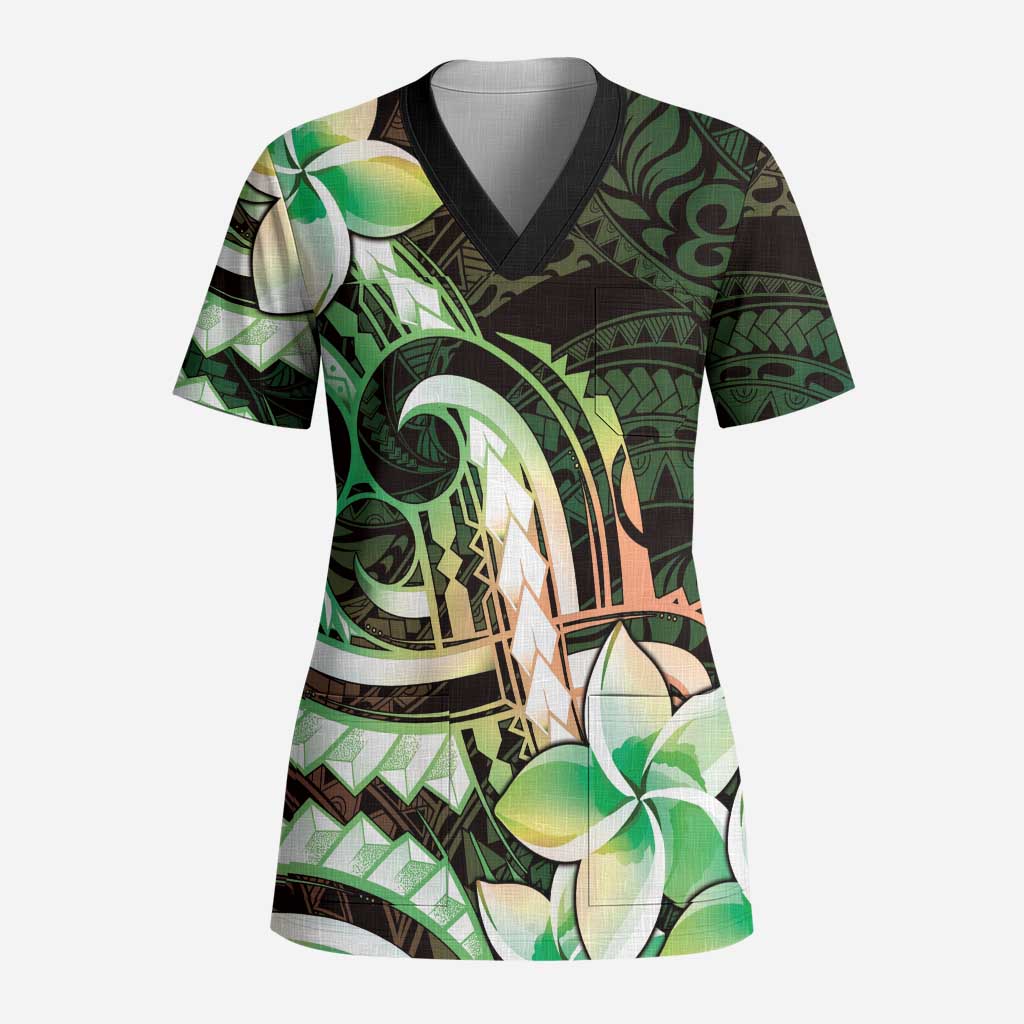 Polynesian Art Tattoo Scrub Top Plumeria Flowers Green Gradient LT05 Adult Green - Polynesian Pride