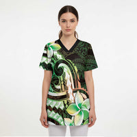Polynesian Art Tattoo Scrub Top Plumeria Flowers Green Gradient - Polynesian Pride