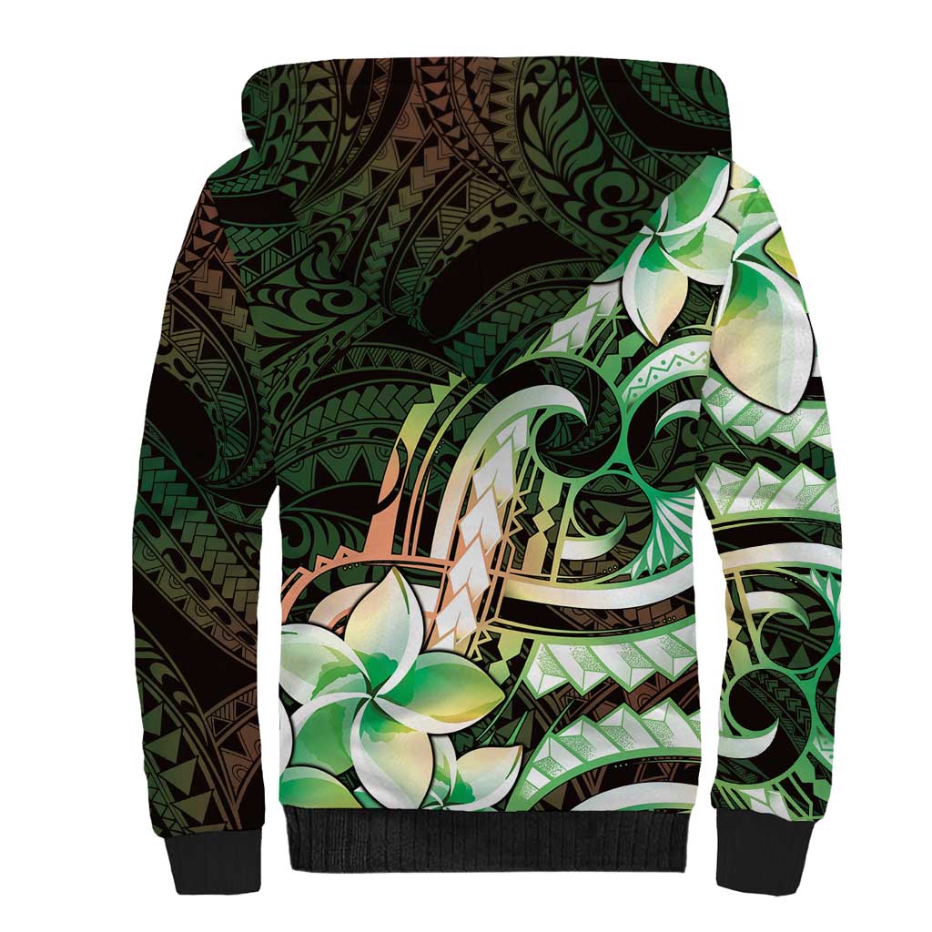 Polynesian Art Tattoo Sherpa Hoodie Plumeria Flowers Green Gradient LT05 - Polynesian Pride