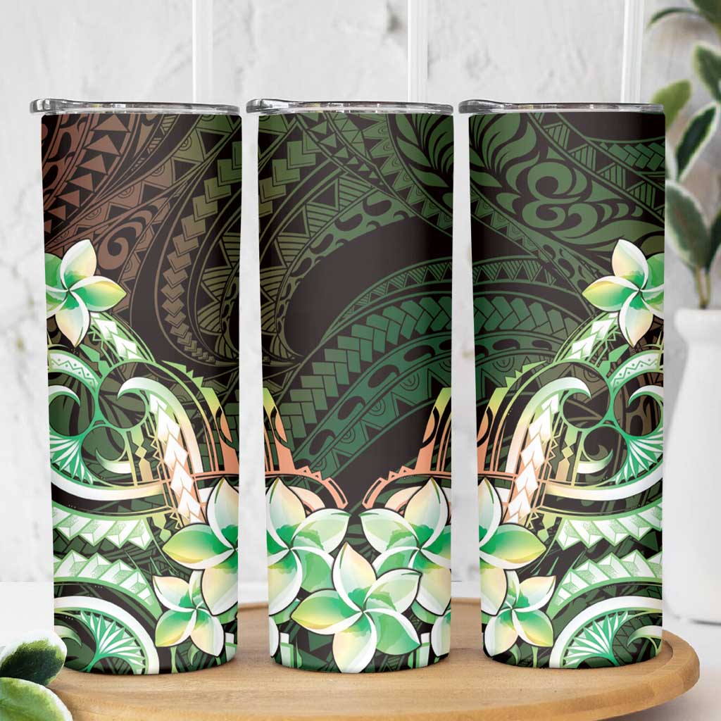 Polynesian Art Tattoo Skinny Tumbler Plumeria Flowers Green Gradient