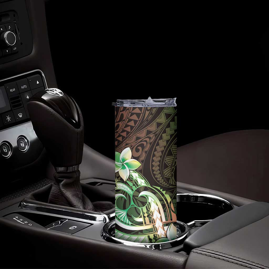 Polynesian Art Tattoo Skinny Tumbler Plumeria Flowers Green Gradient