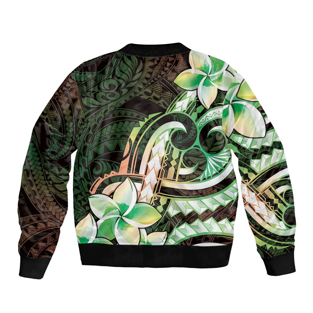 Polynesian Art Tattoo Sleeve Zip Bomber Jacket Plumeria Flowers Green Gradient