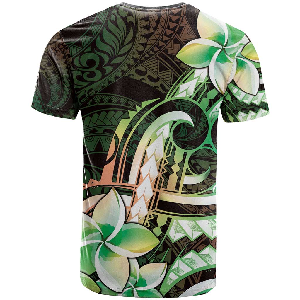 Polynesian Art Tattoo T Shirt Plumeria Flowers Green Gradient