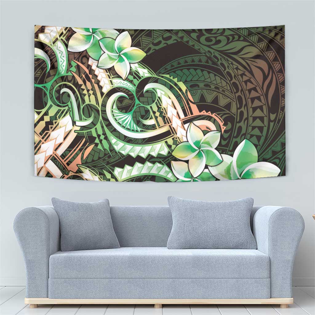 Polynesian Art Tattoo Tapestry Plumeria Flowers Green Gradient
