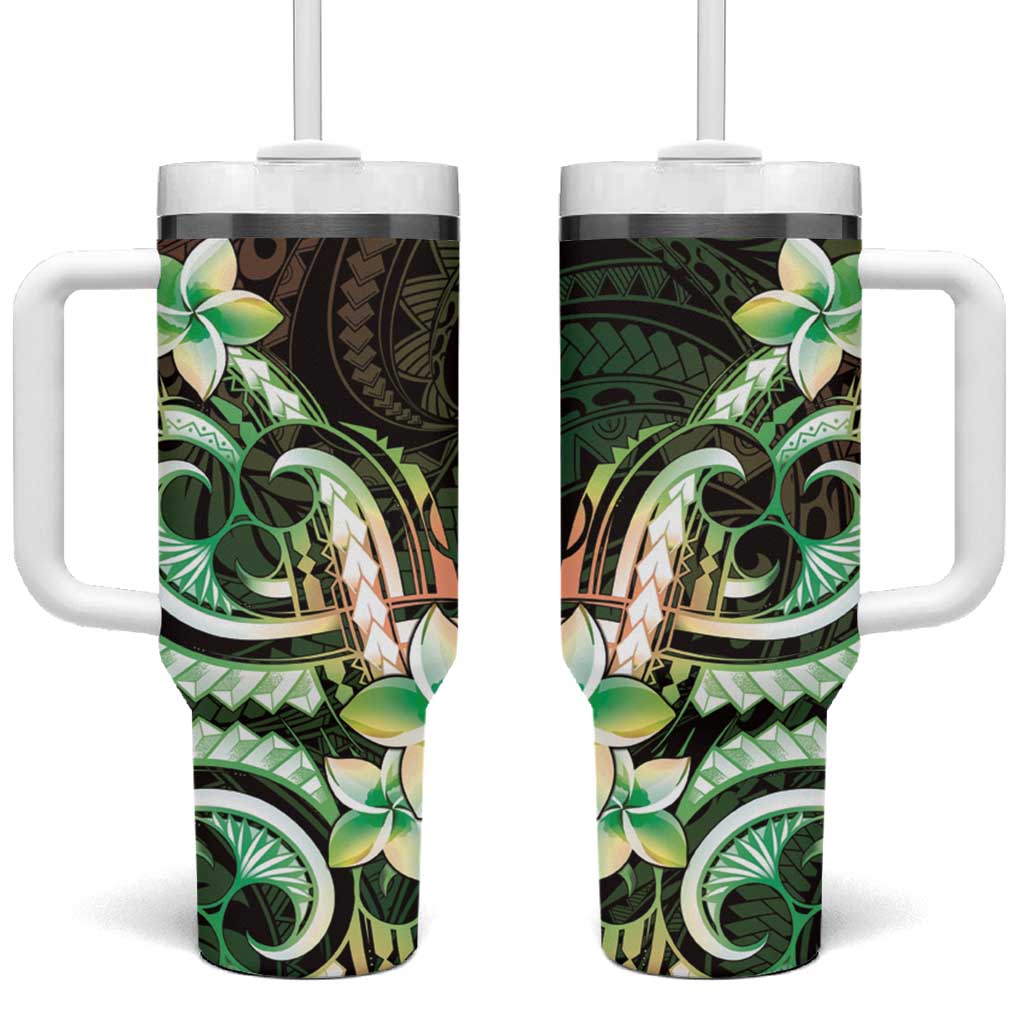 Polynesian Art Tattoo Tumbler With Handle Plumeria Flowers Green Gradient LT05 One Size: 40 oz Green - Polynesian Pride