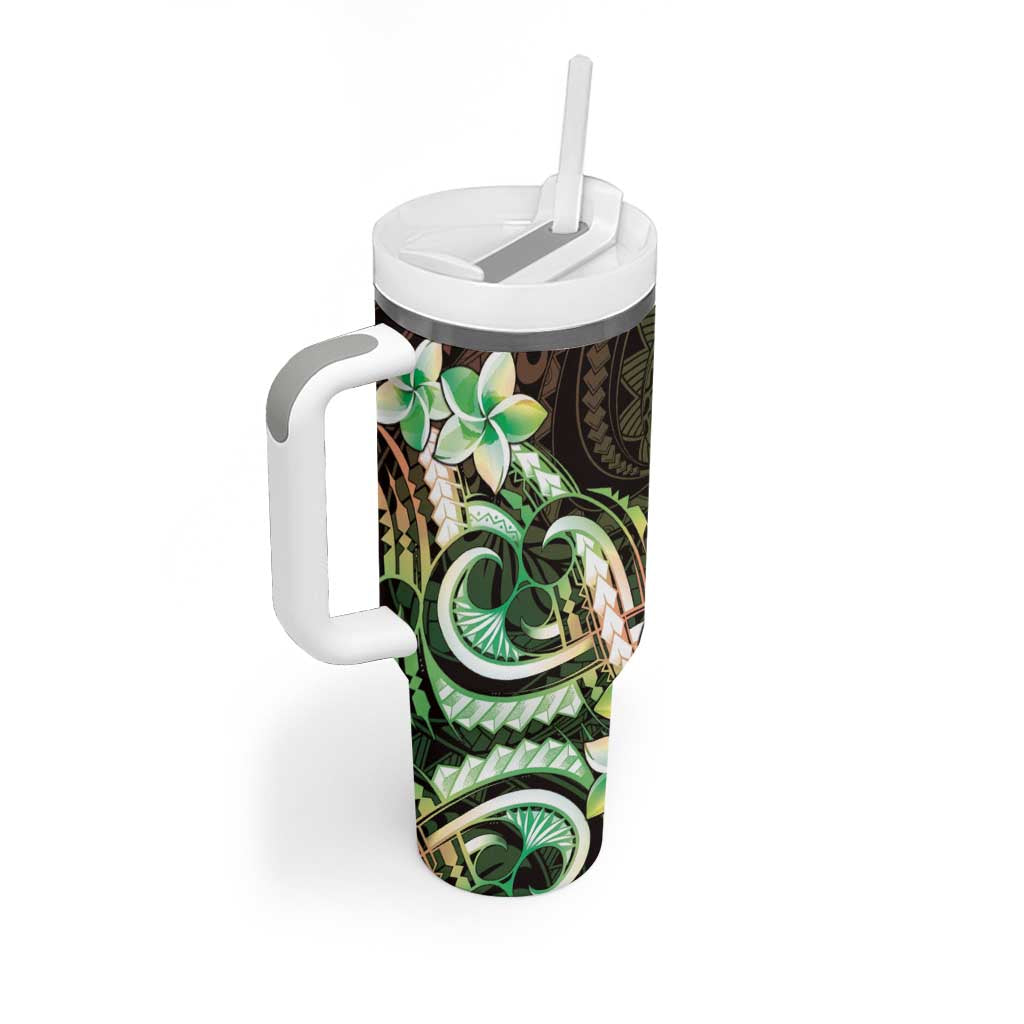 Polynesian Art Tattoo Tumbler With Handle Plumeria Flowers Green Gradient LT05 - Polynesian Pride
