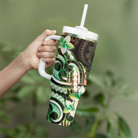 Polynesian Art Tattoo Tumbler With Handle Plumeria Flowers Green Gradient LT05 - Polynesian Pride