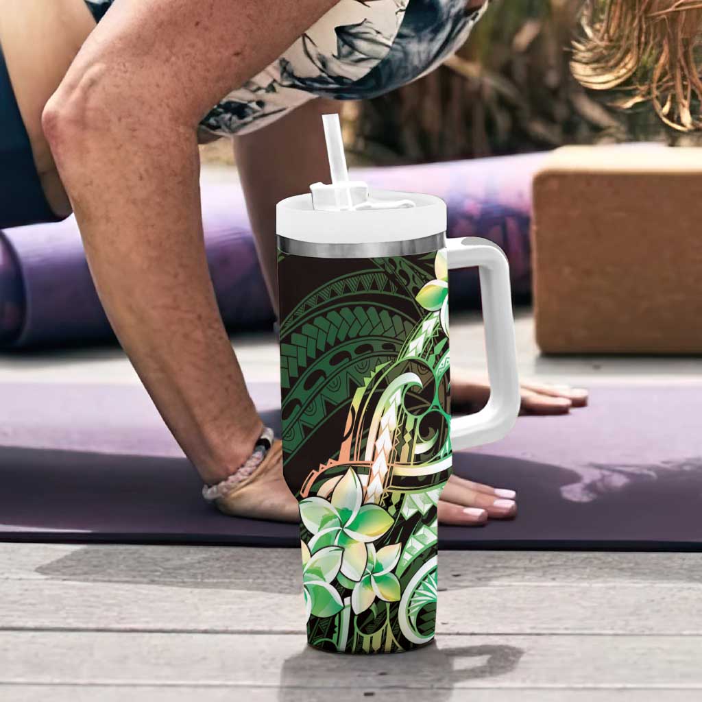 Polynesian Art Tattoo Tumbler With Handle Plumeria Flowers Green Gradient LT05 - Polynesian Pride
