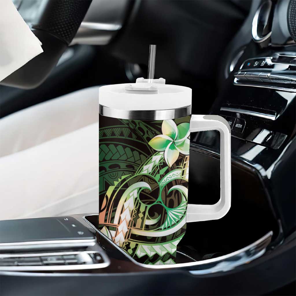 Polynesian Art Tattoo Tumbler With Handle Plumeria Flowers Green Gradient LT05 - Polynesian Pride