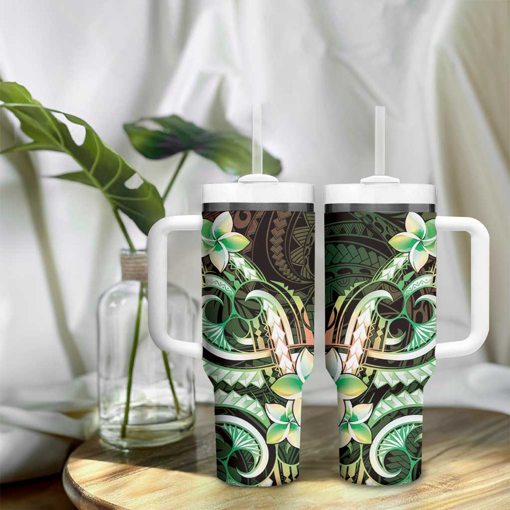 Polynesian Art Tattoo Tumbler With Handle Plumeria Flowers Green Gradient LT05 - Polynesian Pride