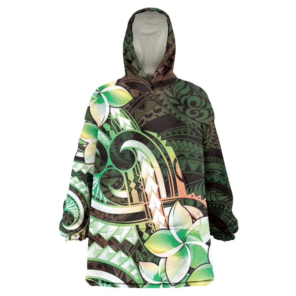 Polynesian Art Tattoo Wearable Blanket Hoodie Plumeria Flowers Green Gradient LT05 One Size Green - Polynesian Pride