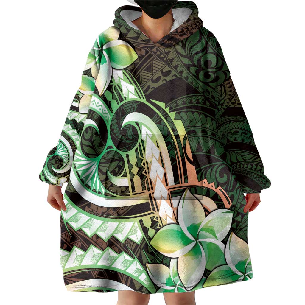 Polynesian Art Tattoo Wearable Blanket Hoodie Plumeria Flowers Green Gradient LT05 - Polynesian Pride