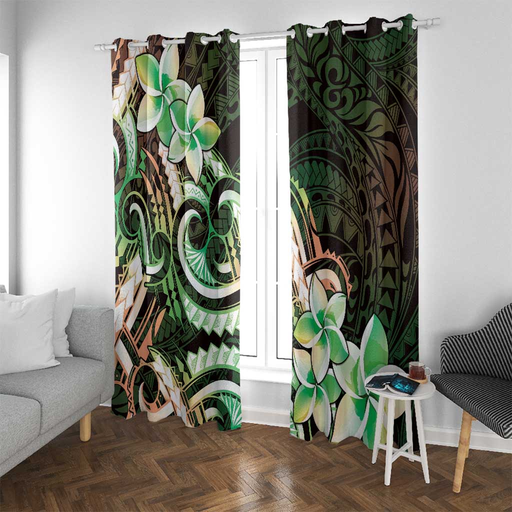 Polynesian Art Tattoo Window Curtain Plumeria Flowers Green Gradient LT05 With Grommets Green - Polynesian Pride