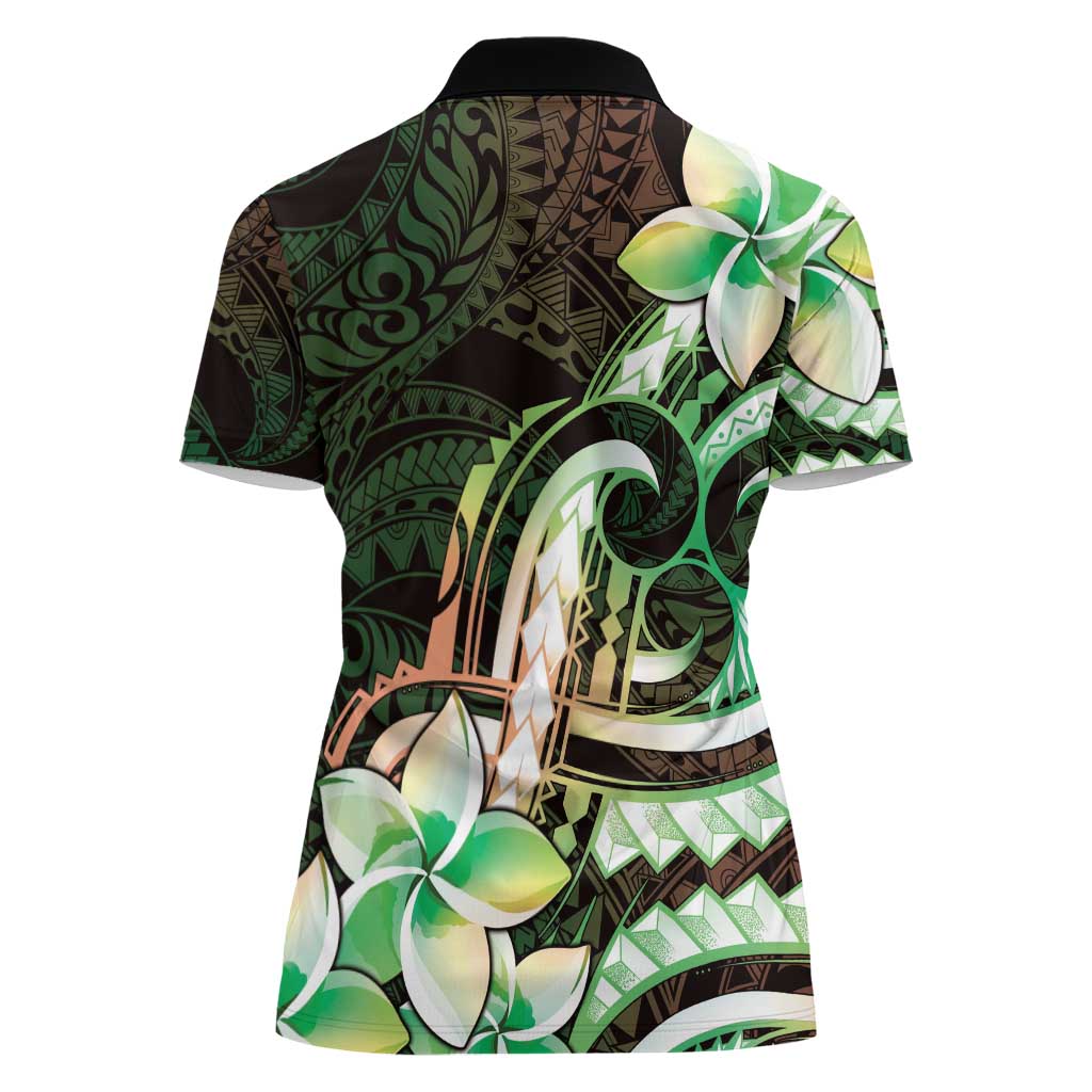Polynesian Art Tattoo Women Polo Shirt Plumeria Flowers Green Gradient LT05 - Polynesian Pride
