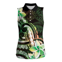Polynesian Art Tattoo Women Sleeveless Polo Shirt Plumeria Flowers Green Gradient