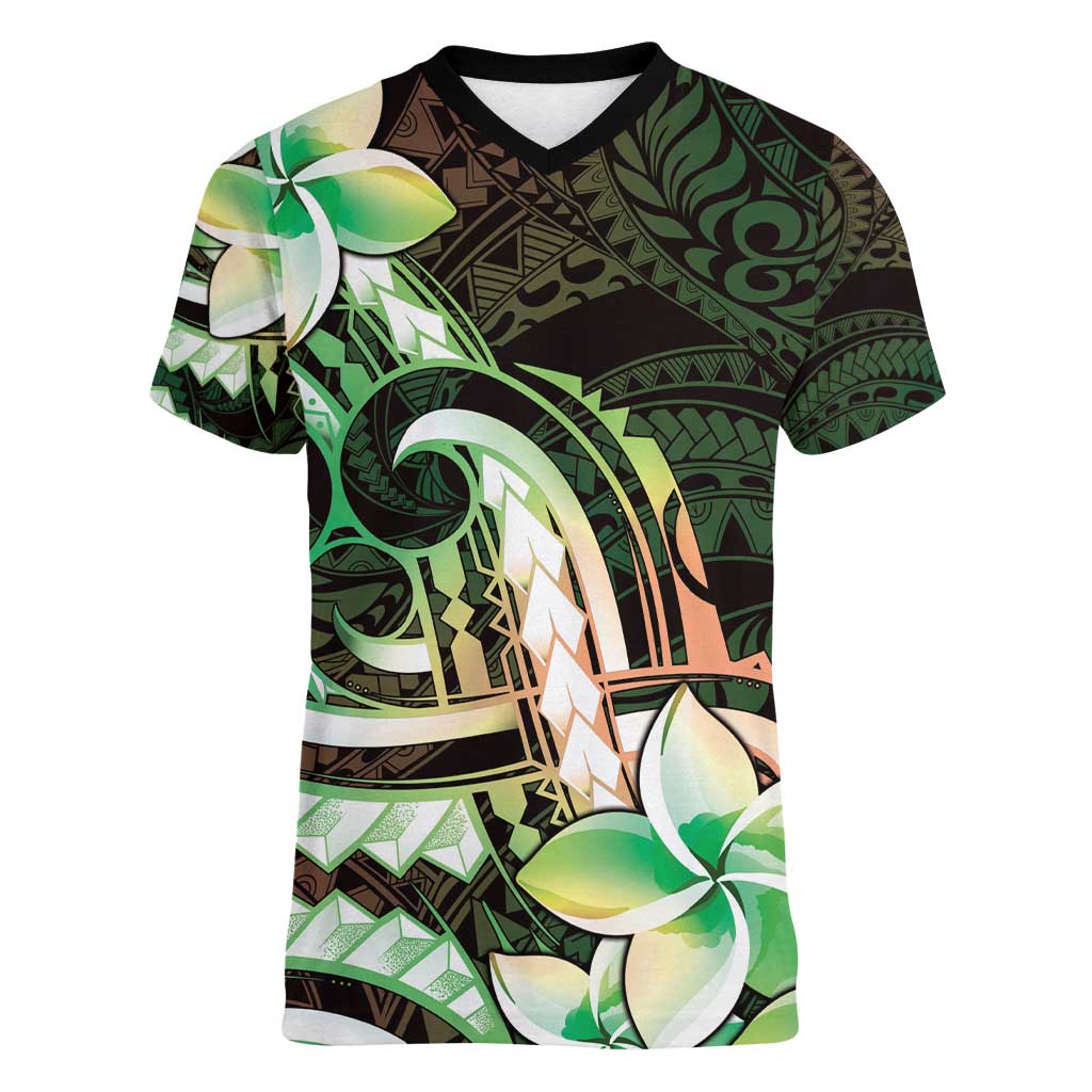 Polynesian Art Tattoo Women V-Neck T-Shirt Plumeria Flowers Green Gradient LT05 Female Green - Polynesian Pride