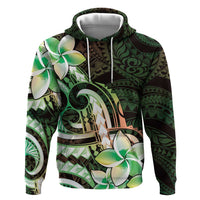 Polynesian Art Tattoo Zip Hoodie Plumeria Flowers Green Gradient