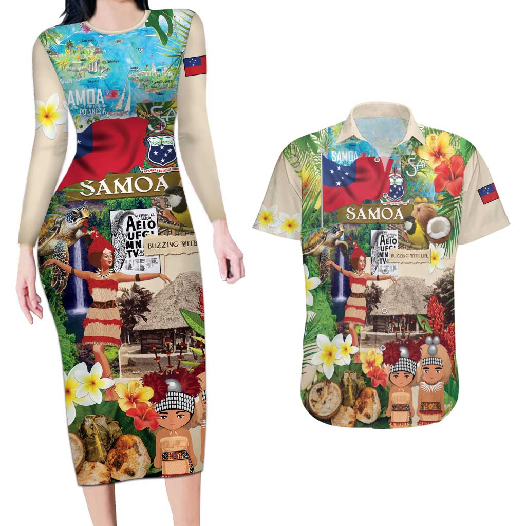 Samoa Culture Couples Matching Long Sleeve Bodycon Dress and Hawaiian Shirt Embracing The Spirit LT05 Beige - Polynesian Pride
