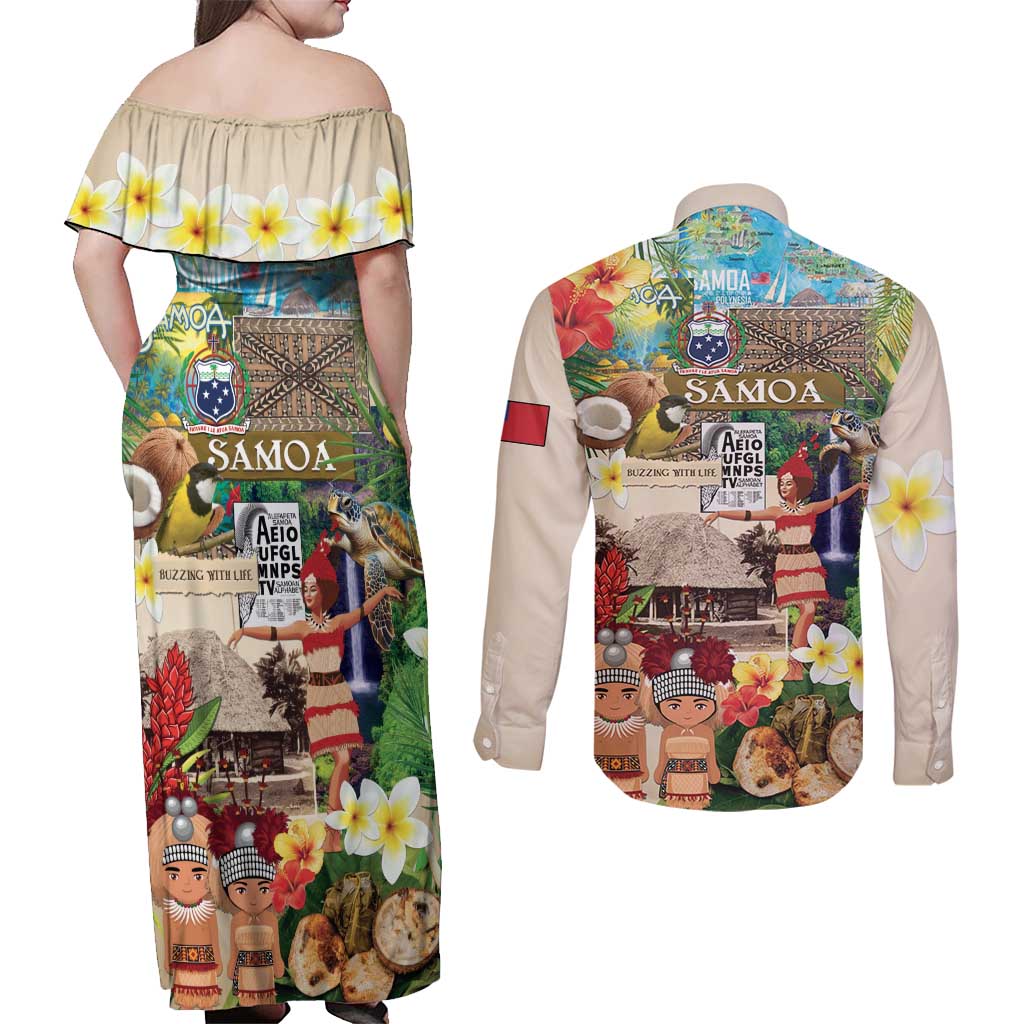 Samoa Culture Couples Matching Off Shoulder Maxi Dress and Long Sleeve Button Shirt Embracing The Spirit LT05 - Polynesian Pride