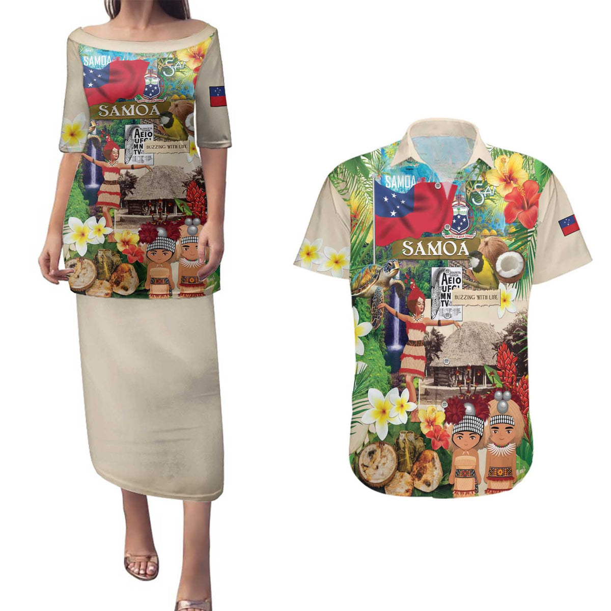 Samoa Culture Couples Matching Puletasi and Hawaiian Shirt Embracing The Spirit LT05 Beige - Polynesian Pride