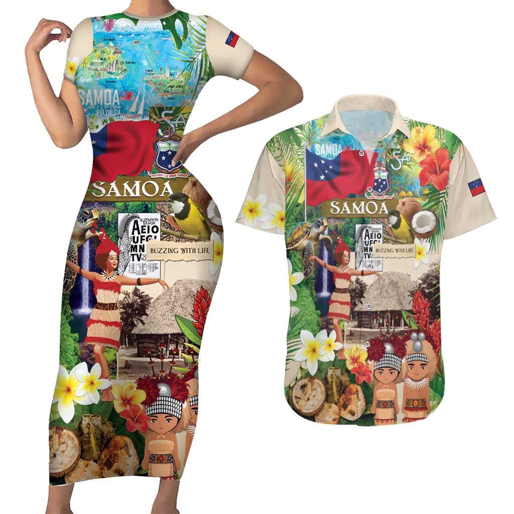 Samoa Culture Couples Matching Short Sleeve Bodycon Dress and Hawaiian Shirt Embracing The Spirit LT05 Beige - Polynesian Pride