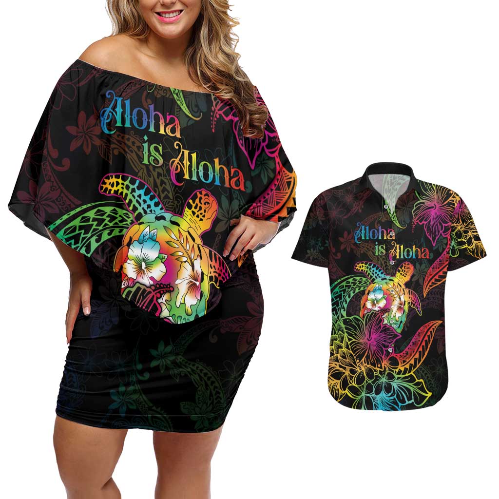 Hawaii Pride Couples Matching Off Shoulder Short Dress and Hawaiian Shirt Aloha Is Aloha LT05 Colorful - Polynesian Pride