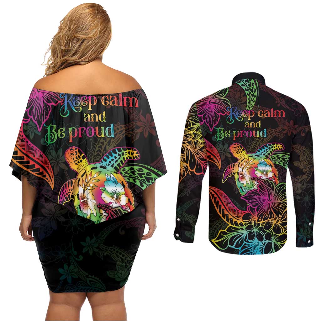 Hawaii Pride Couples Matching Off Shoulder Short Dress and Long Sleeve Button Shirt Aloha Is Aloha LT05 - Polynesian Pride