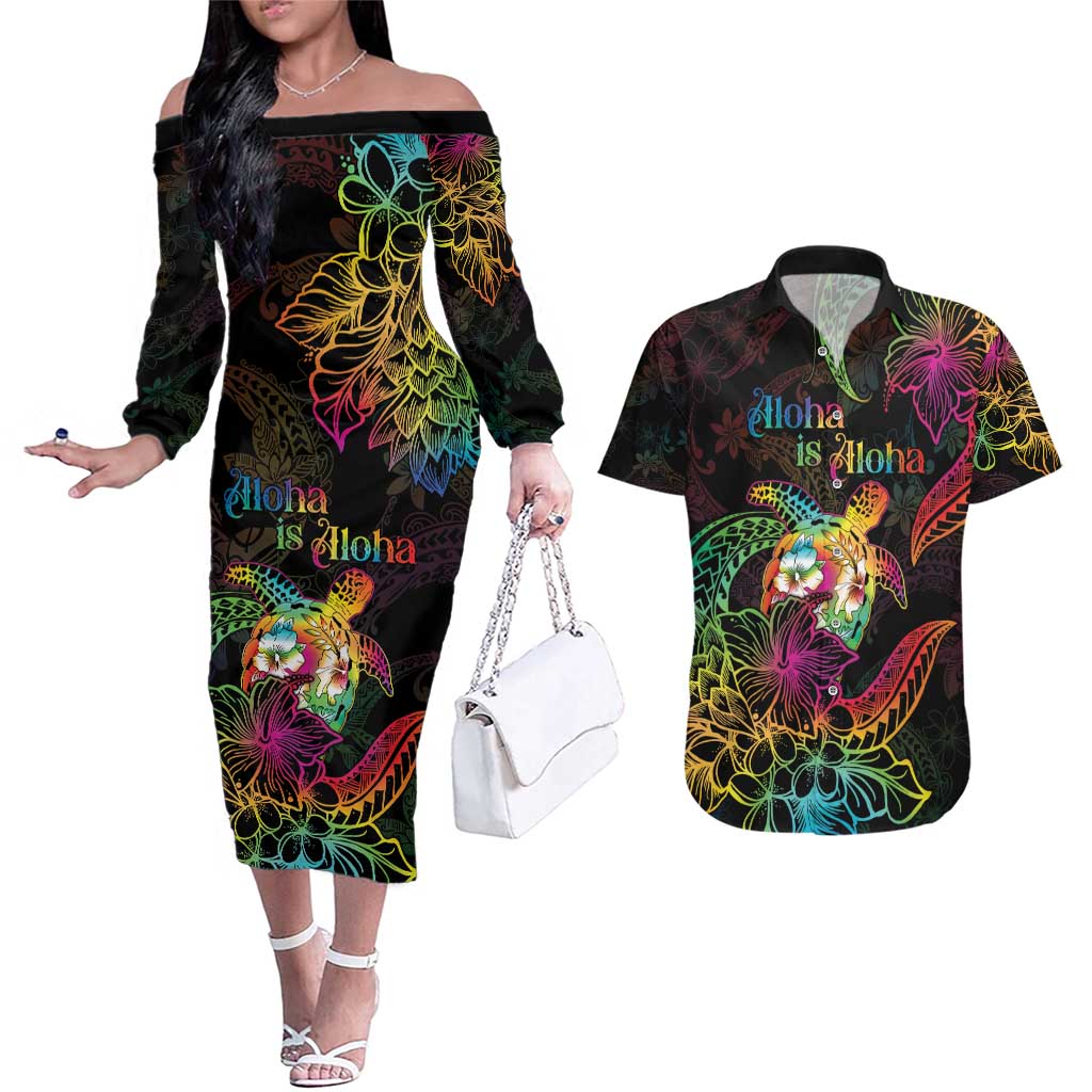 Hawaii Pride Couples Matching Off The Shoulder Long Sleeve Dress and Hawaiian Shirt Aloha Is Aloha LT05 Colorful - Polynesian Pride