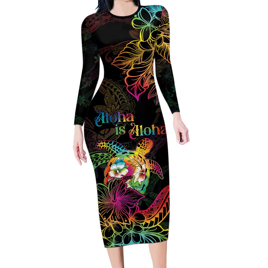 Hawaii Pride Family Matching Long Sleeve Bodycon Dress and Hawaiian Shirt Aloha Is Aloha LT05 Mom's Dress Colorful - Polynesian Pride
