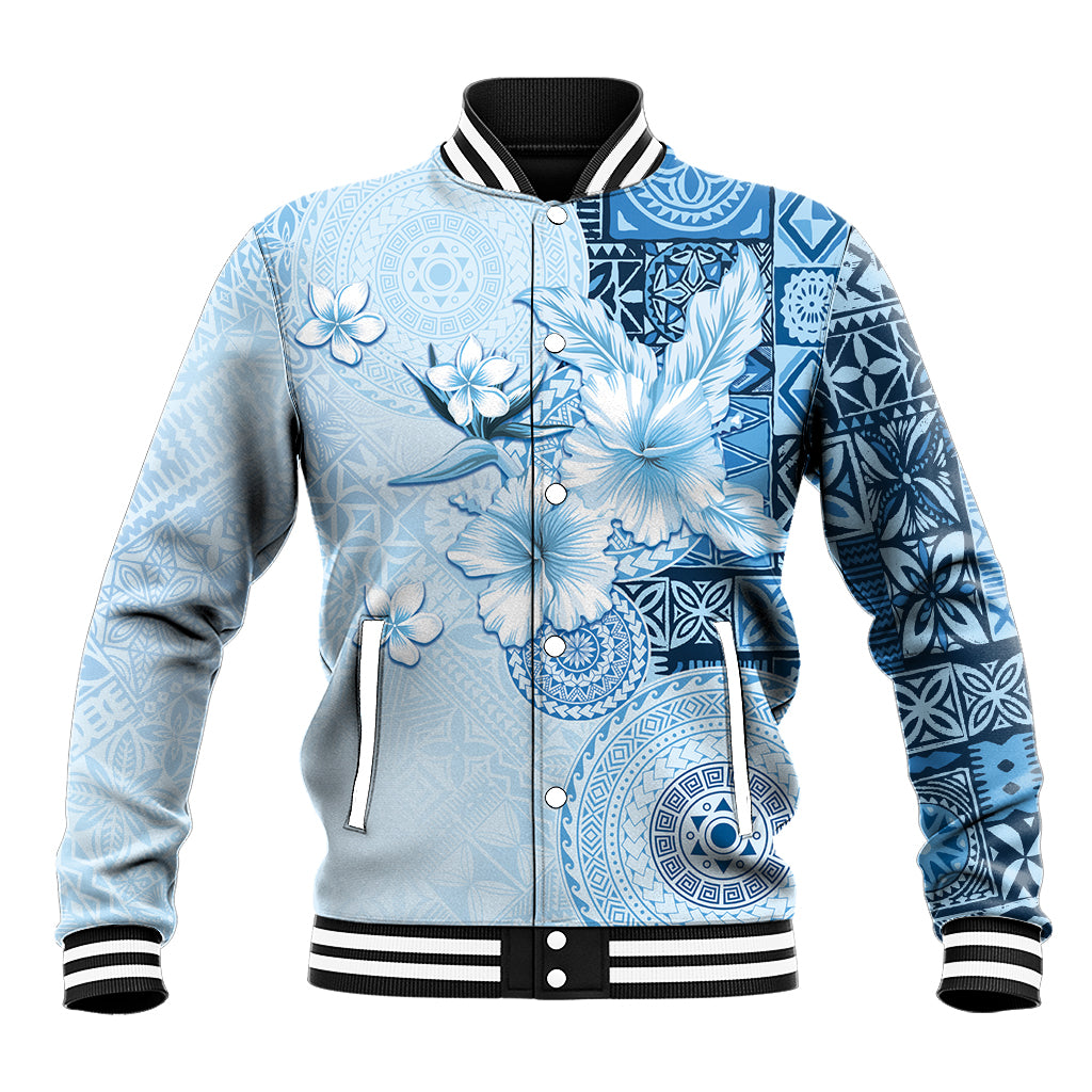 Hawaii Tapa Pattern With Blue Hibiscus Baseball Jacket LT05 Unisex Blue - Polynesian Pride