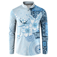 Hawaii Tapa Pattern With Blue Hibiscus Button Sweatshirt LT05 Blue - Polynesian Pride