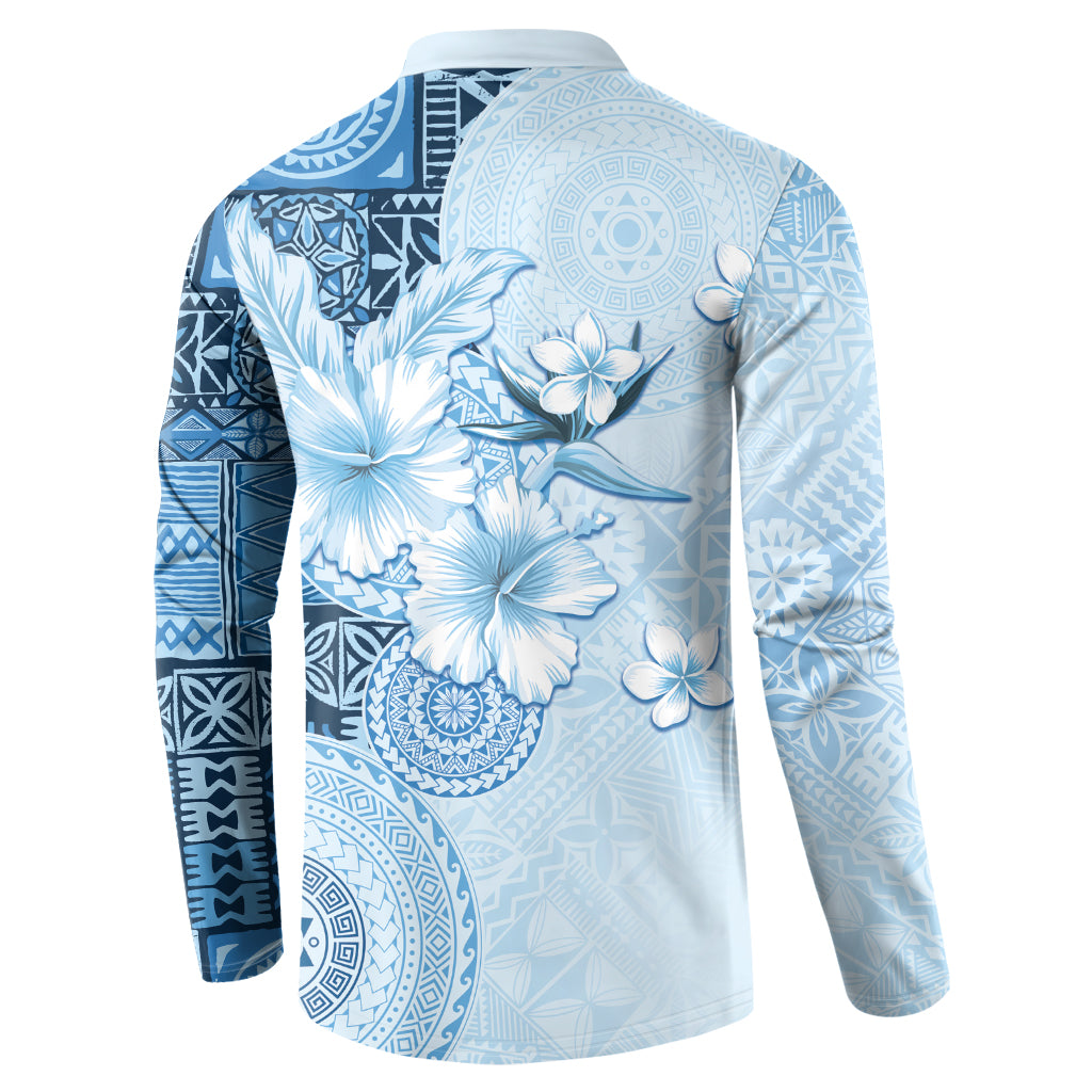Hawaii Tapa Pattern With Blue Hibiscus Button Sweatshirt LT05 - Polynesian Pride