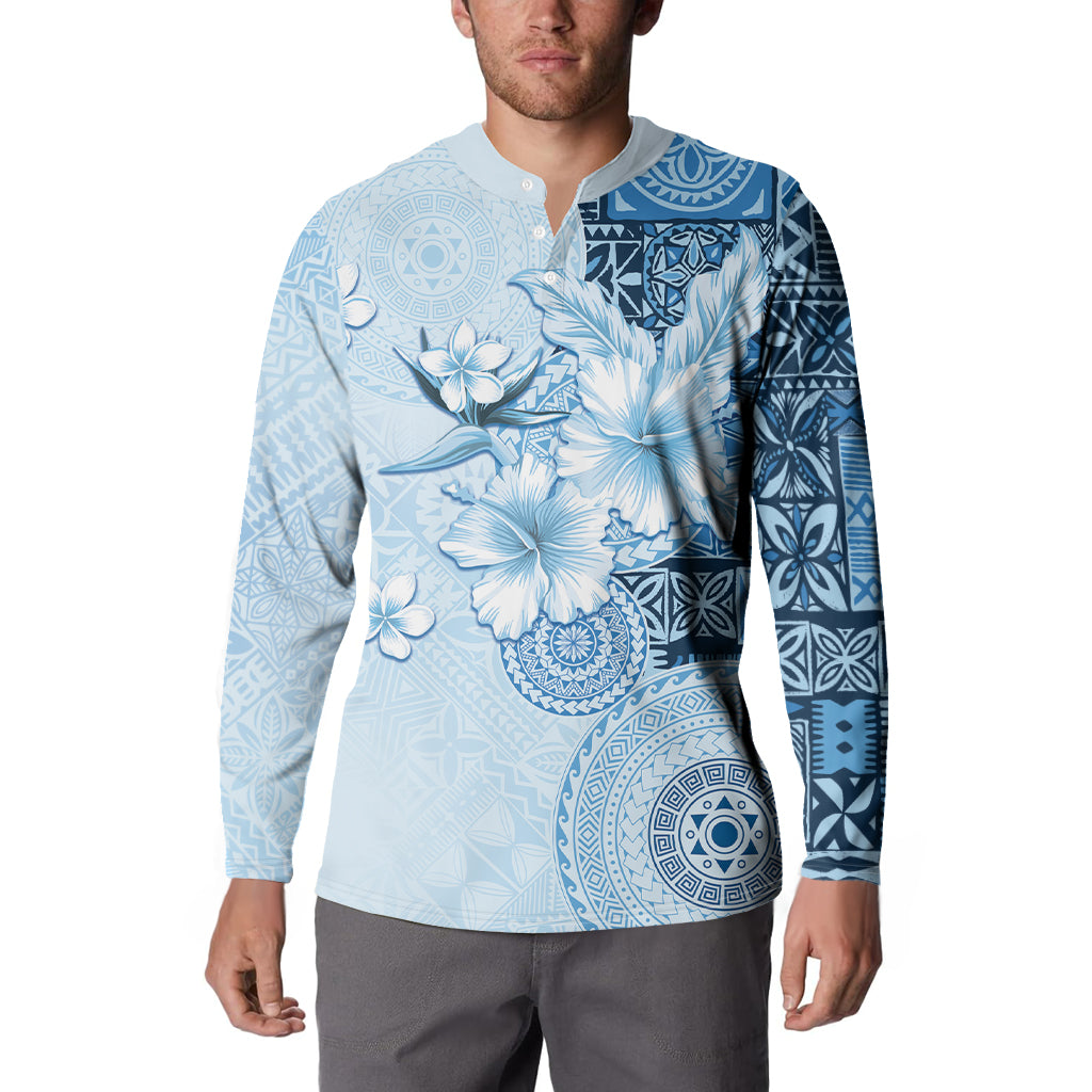 Hawaii Tapa Pattern With Blue Hibiscus Button Sweatshirt LT05 - Polynesian Pride