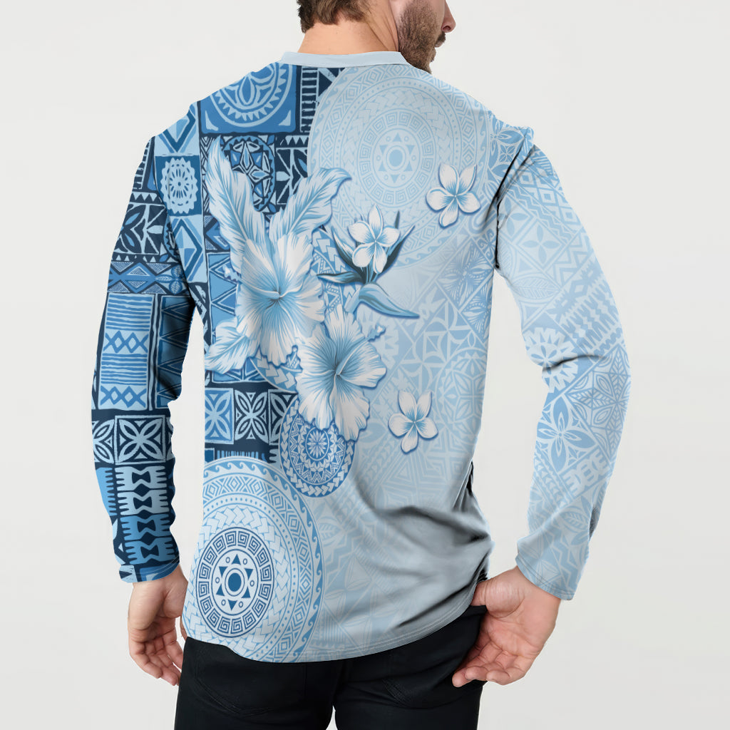 Hawaii Tapa Pattern With Blue Hibiscus Button Sweatshirt LT05 - Polynesian Pride