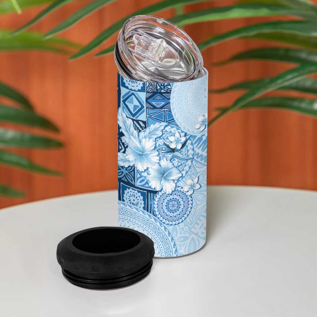 Hawaii Tapa Pattern With Blue Hibiscus 4 in 1 Can Cooler Tumbler