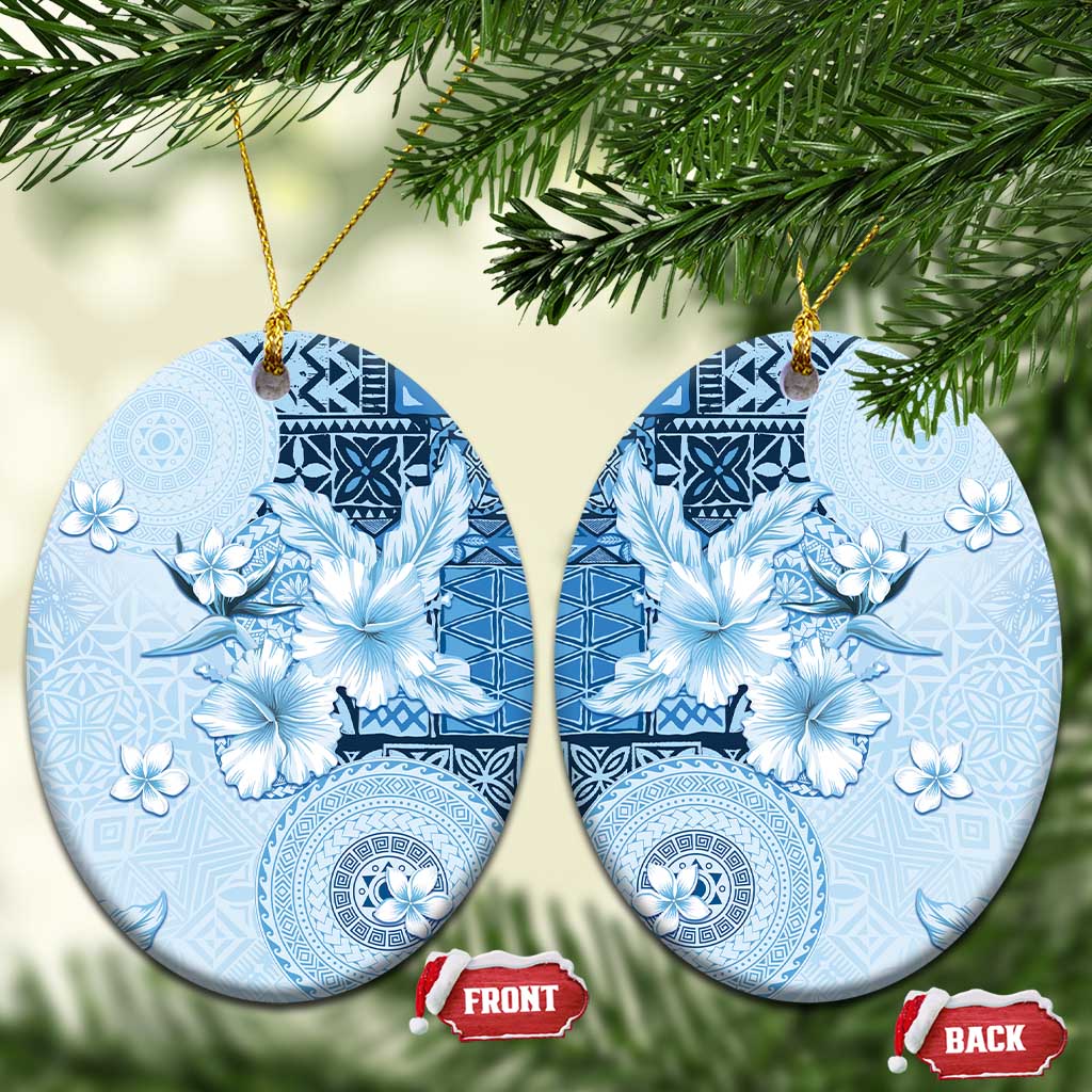 Hawaii Tapa Pattern With Blue Hibiscus Ceramic Ornament LT05 Oval Blue - Polynesian Pride