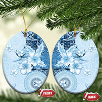 Hawaii Tapa Pattern With Blue Hibiscus Ceramic Ornament LT05 Oval Blue - Polynesian Pride