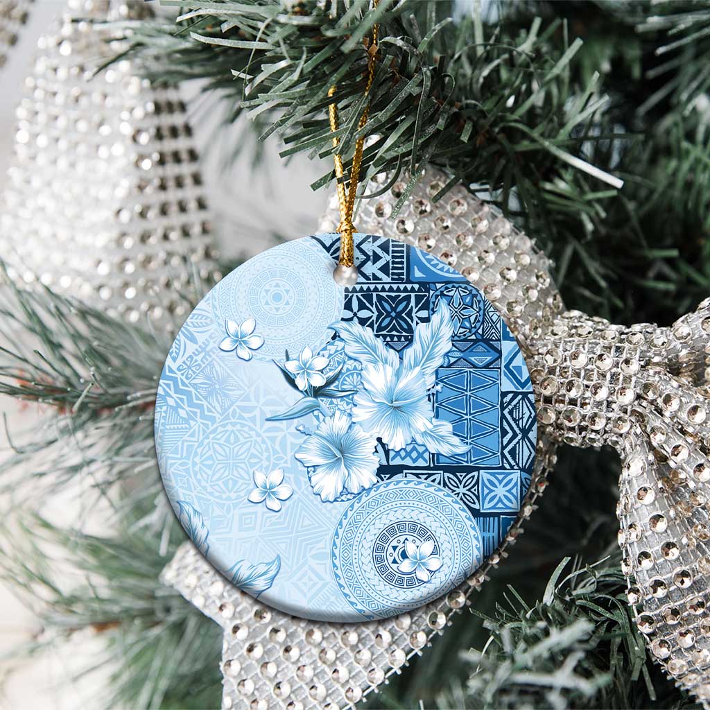 Hawaii Tapa Pattern With Blue Hibiscus Ceramic Ornament LT05 - Polynesian Pride
